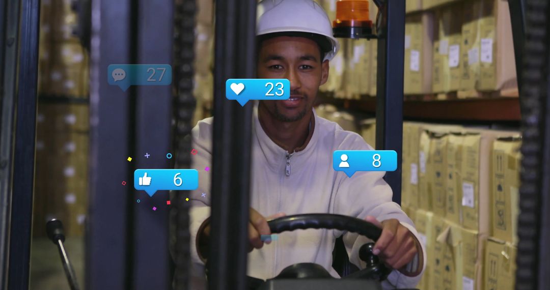 Warehouse Worker on Forklift with Overlay of Social Media Engagement