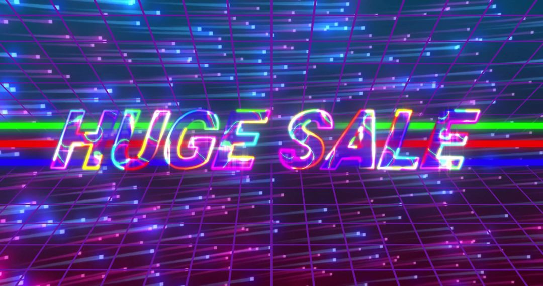 Glowing Neon Huge Sale Text with Futuristic Cyberpunk Background