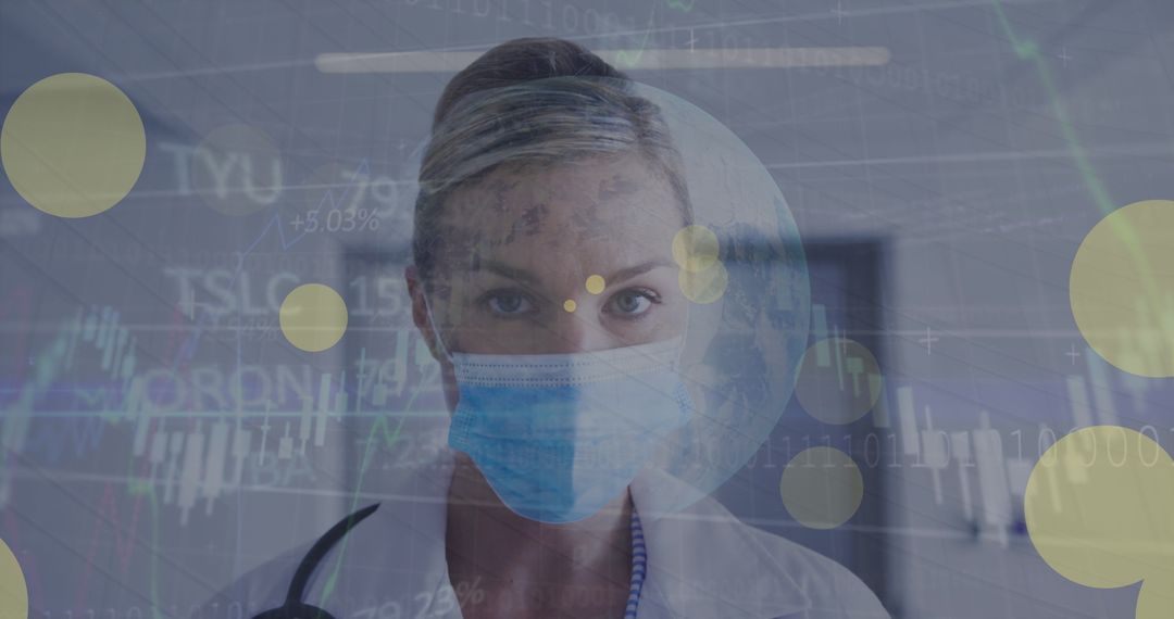 Caucasian Female Doctor in Face Mask with Digital Data Interface