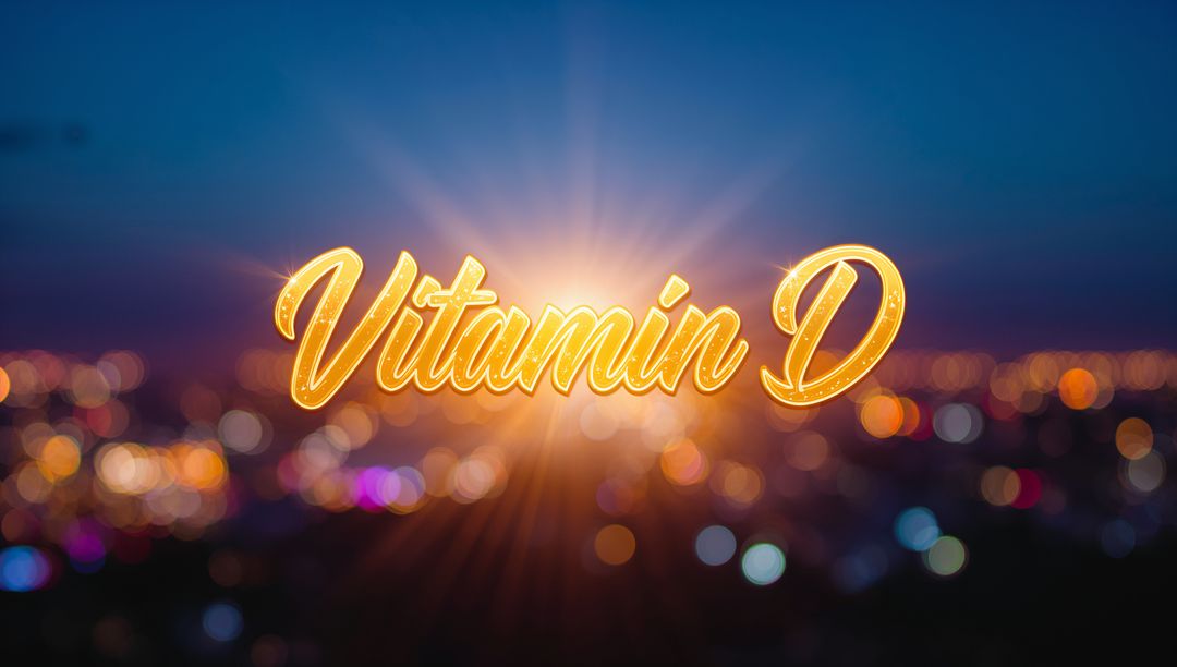 Vitamin D Luminous Script Radiating Sunburst over Urban Night Bokeh Wordmark