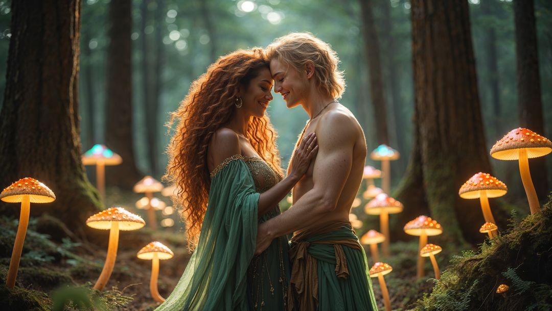 Enchanting cute couple in mystical forest with glowing mushrooms