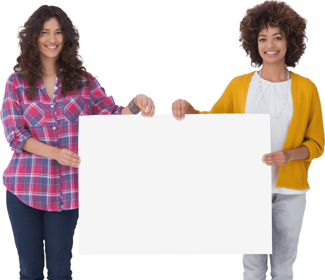 Smiling Women Holding Transparent Sign for Custom Text