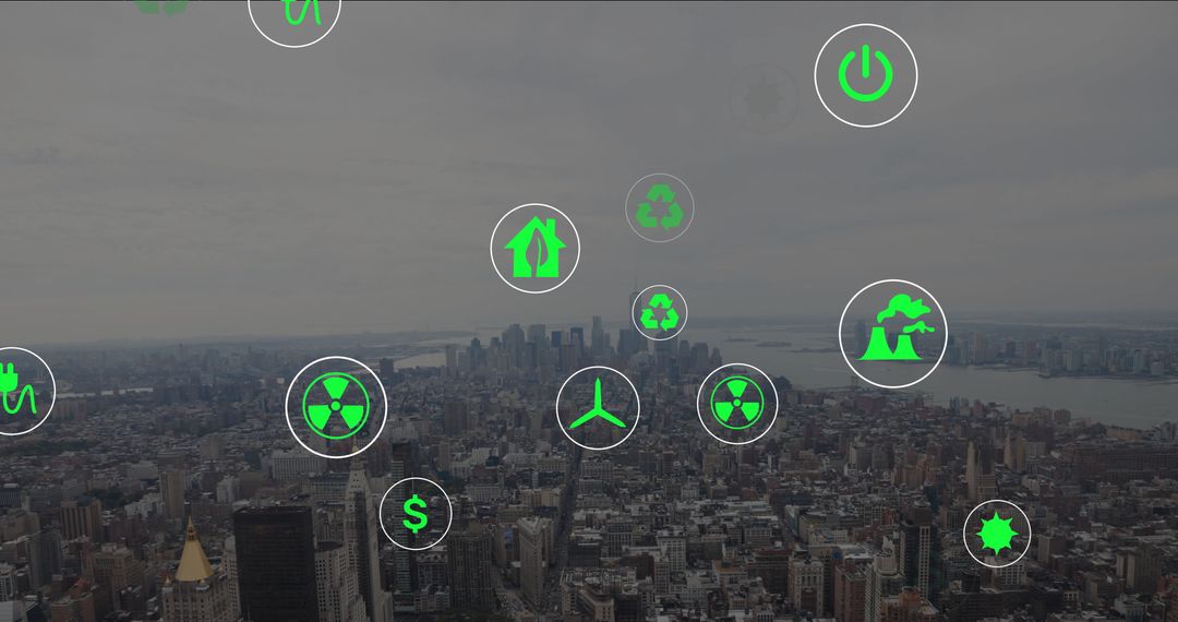 Sustainability Icons Hover Over Cityscape, Emphasizing Green Technology