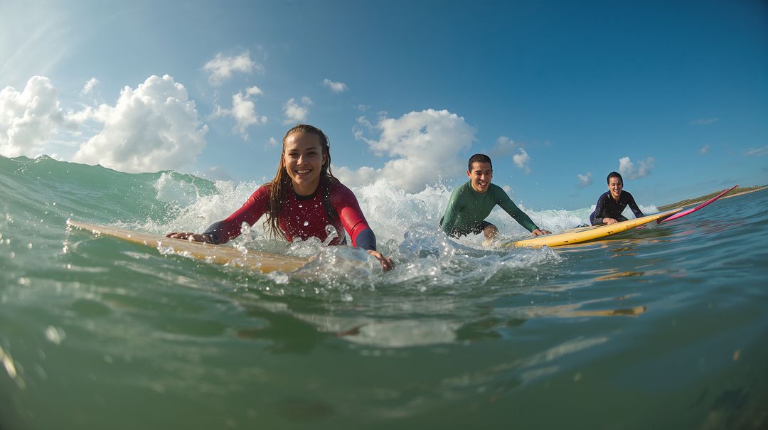 Three surfers paddling through whitewater on sunlit ocean waves, smiling together