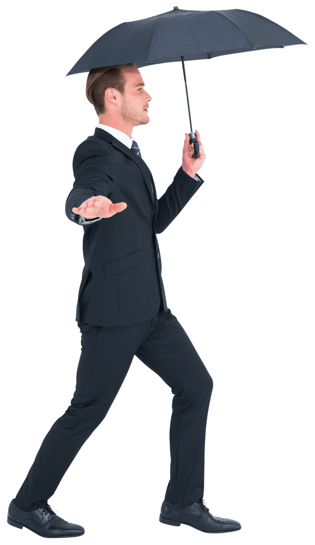 Confident Businessman in Suit Walking with Transparent Umbrella