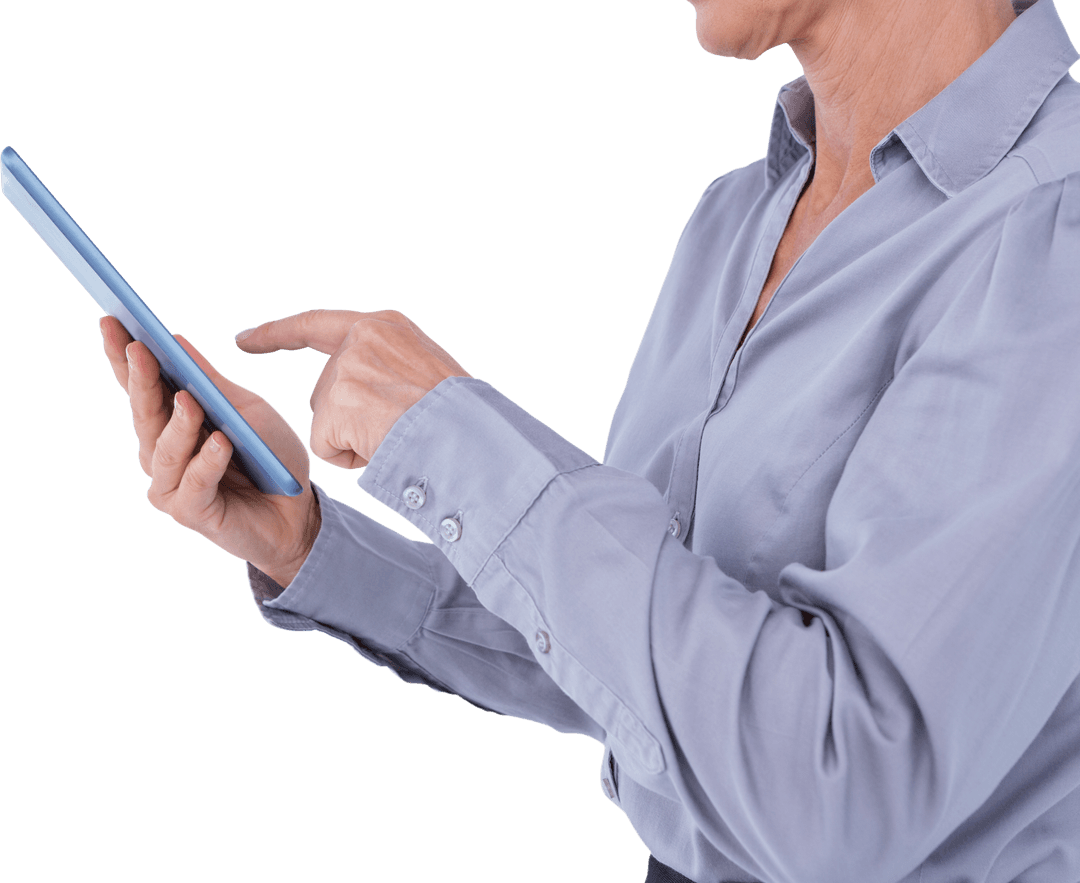 Transparent Professional Using Tablet for Business Tasks