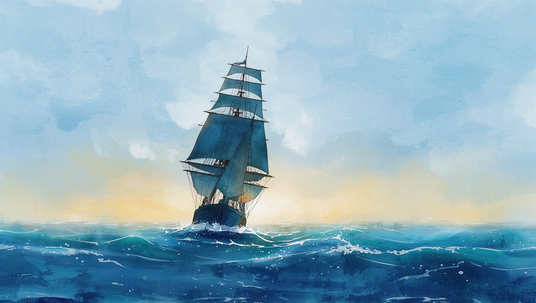 Three-Masted Sailboat Navigating Waves in Vast Ocean