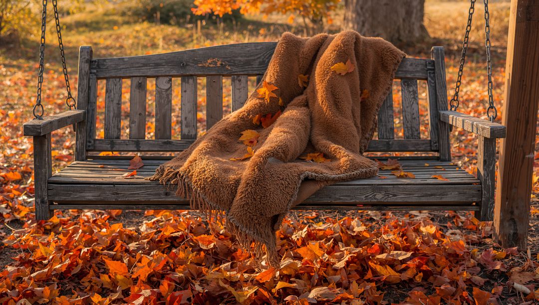 Cozy Hanging Swing with Blanket and Autumn Leaves