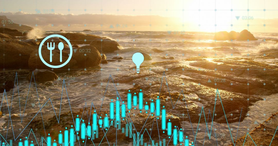 Digital Data Overlay with Ecology and Finance Icons on Ocean Sunset