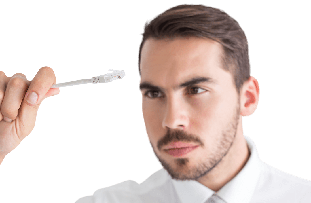 Focused Businessman Inspecting Transparent Ethernet Cable