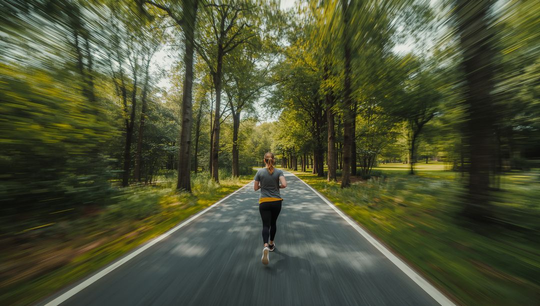 Woman Running on Forest Trail in Motion Blur with Speed and Determination