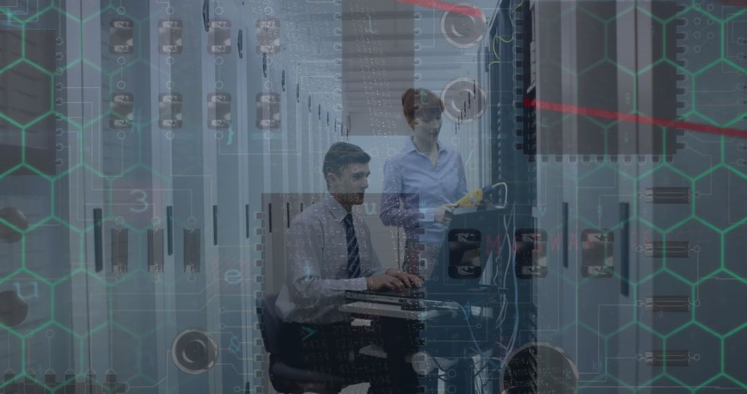 Engineers Innovating Data Solutions in High-Tech Server Room