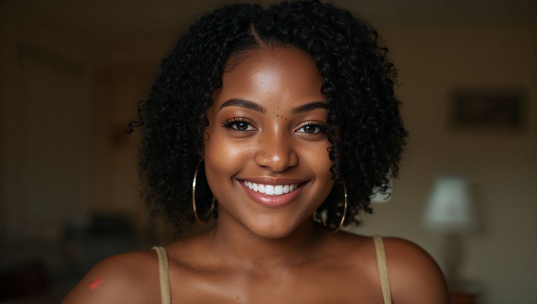 Smiling Woman in Cozy Living Room Setting Portrays Happiness and Elegance