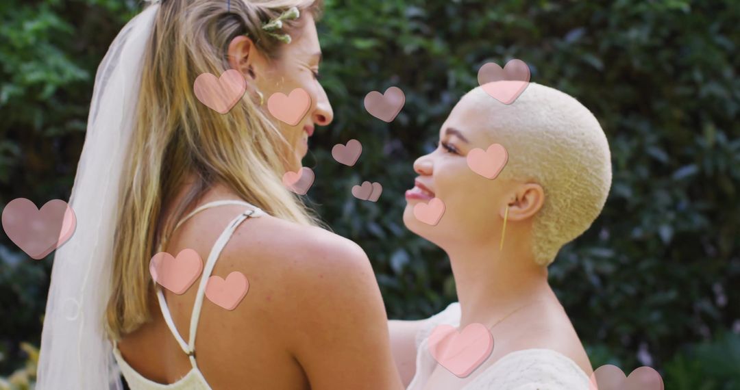 Diverse Female Couple Dancing with Floating Hearts