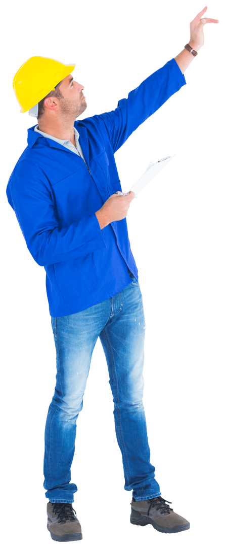 Confident Engineer Holding Clipboard Gesturing Instructions Transparent