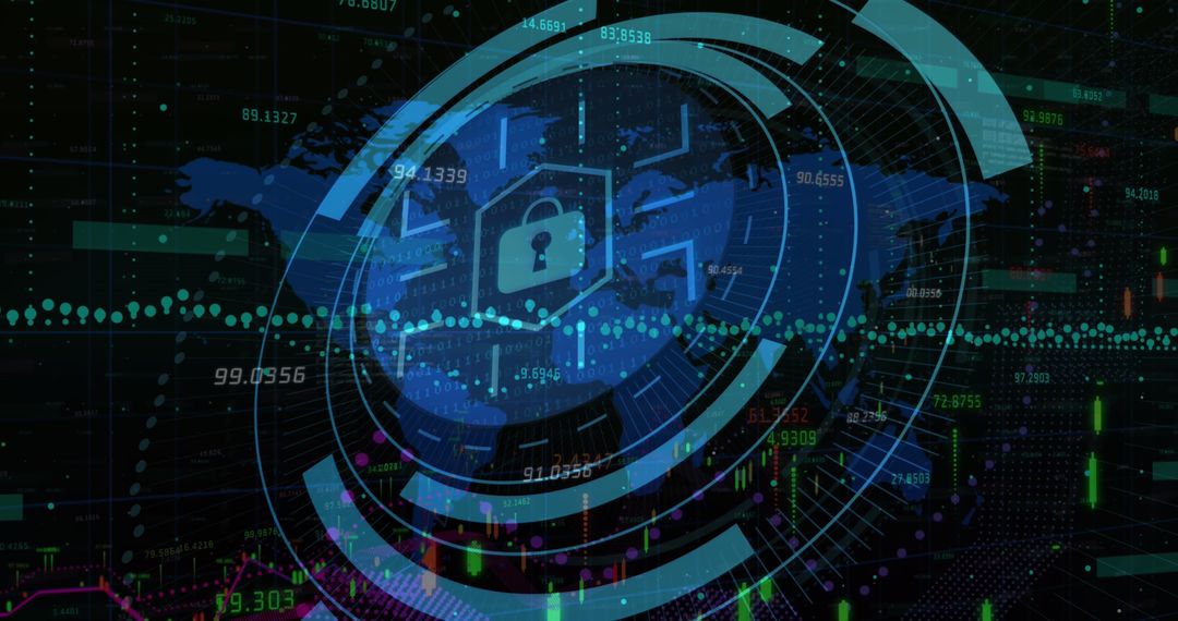 Cybersecurity Concept with Digital Padlock Over Data and World Map