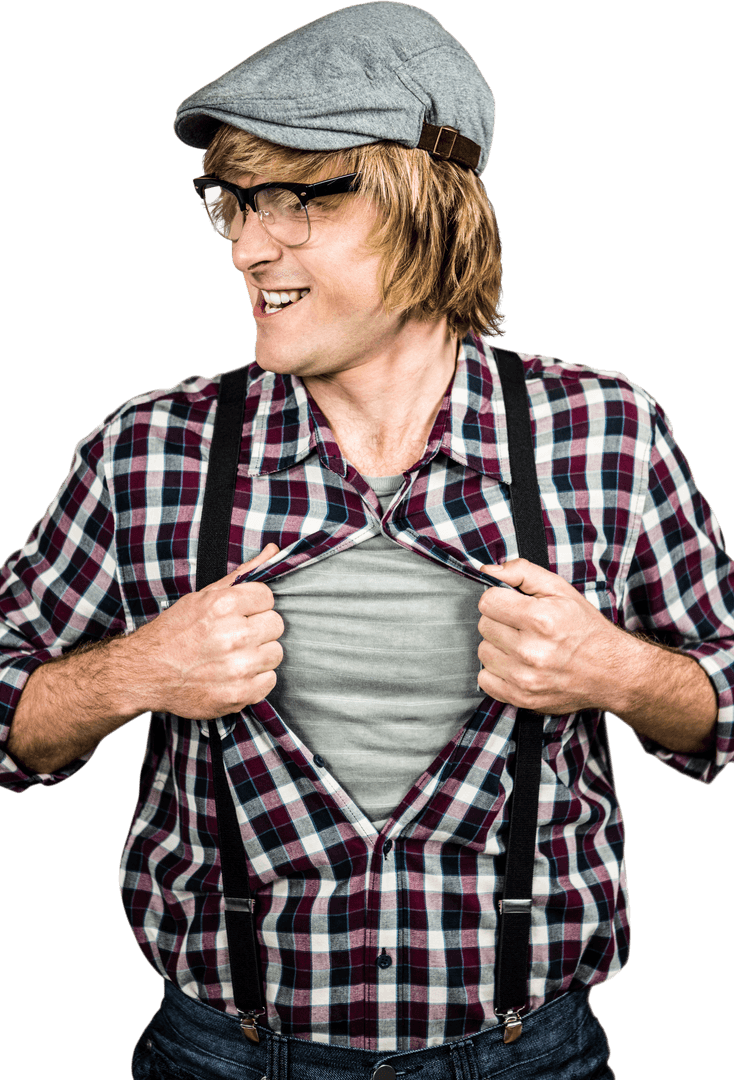 Funny Hipster Playfully Posing in Transparent Background with Hat and Suspenders