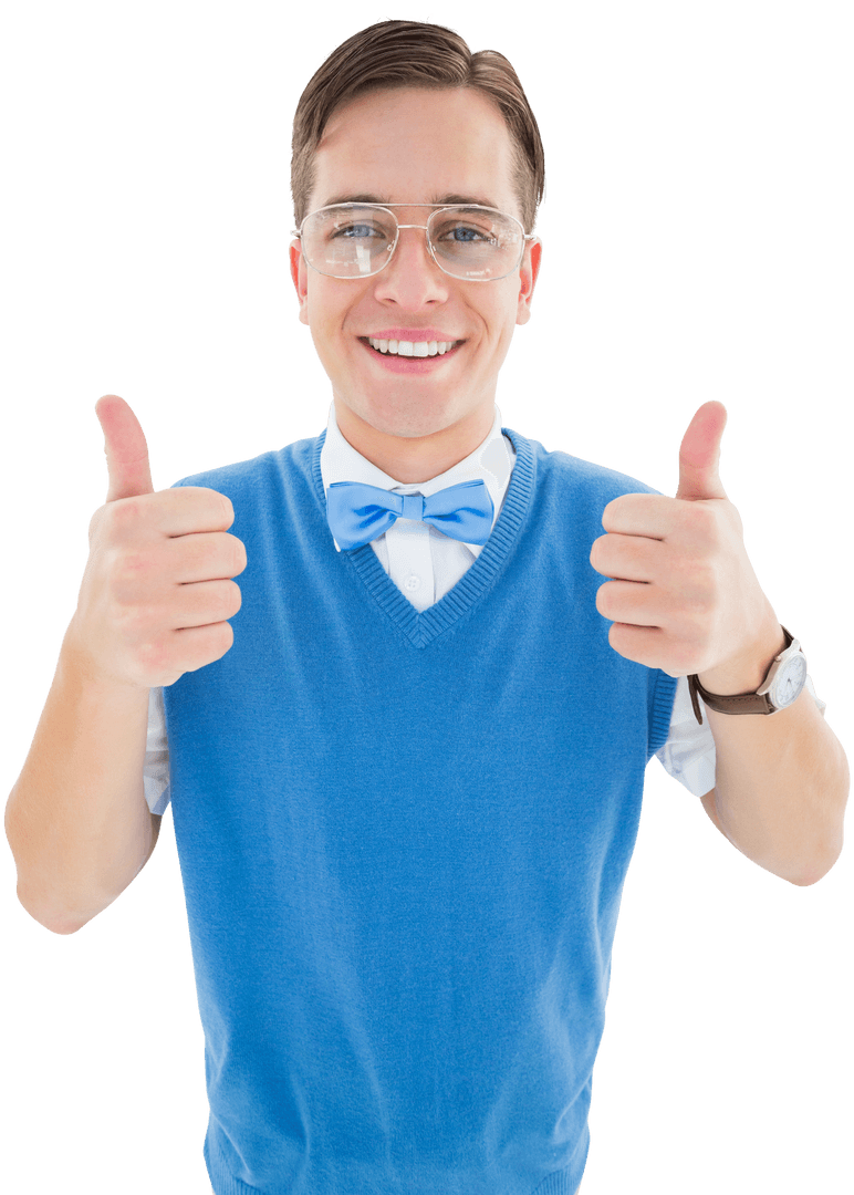 Smiling Young Hipster in Blue Vest Giving Thumbs Up on Transparent Background