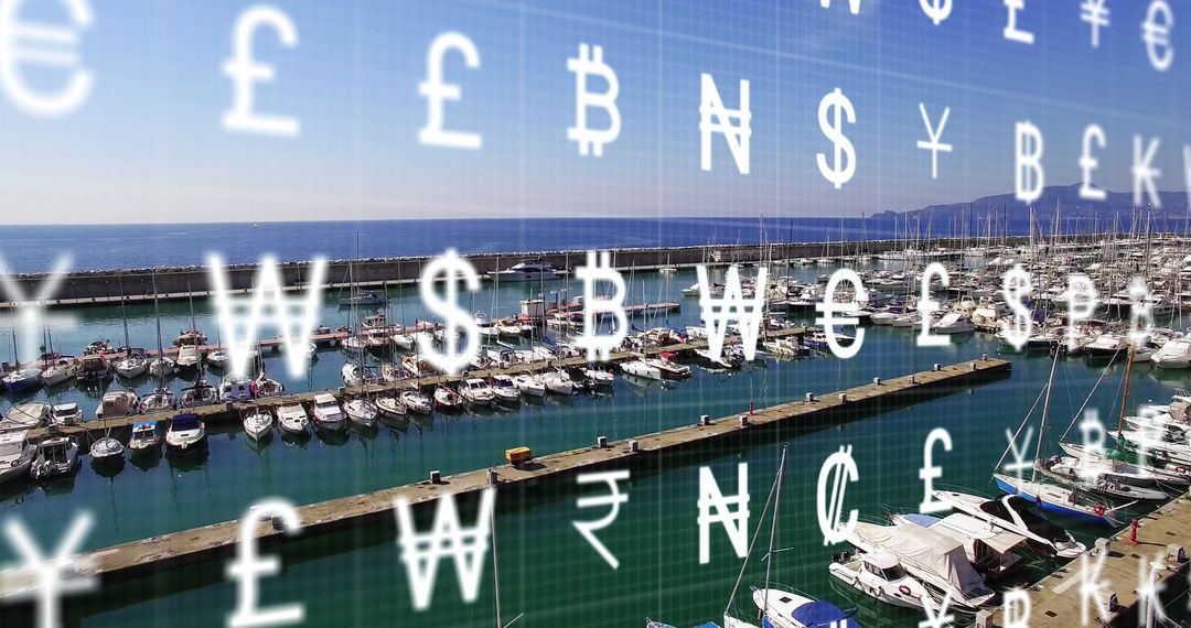 Financial Symbols Overlay on Scenic Marina with Yachts