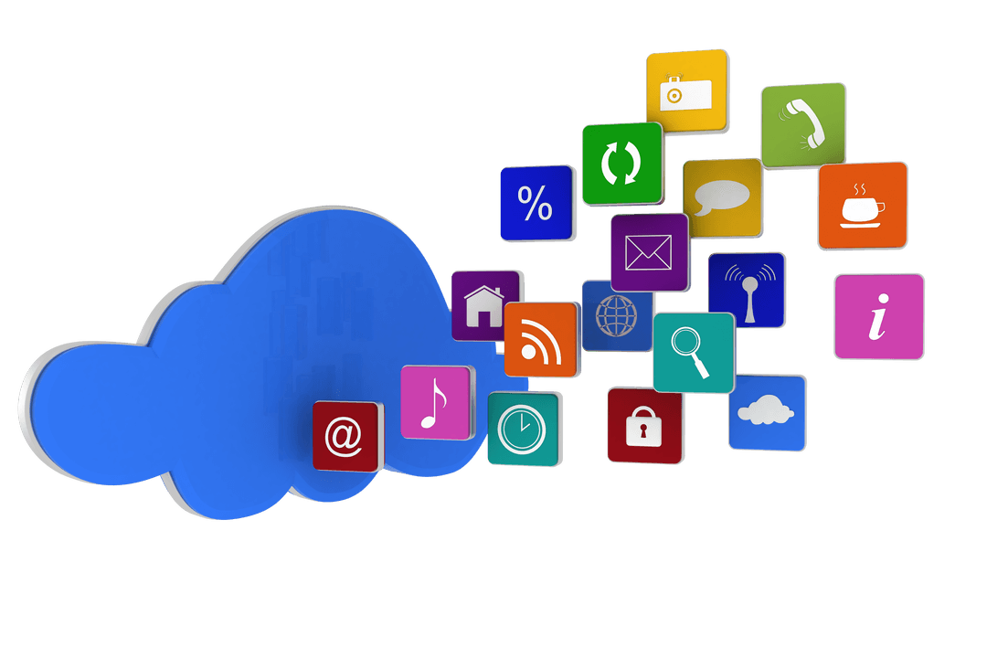 cloud computing with colorful application icons on transparent background - Download Free Stock Images Pikwizard.com