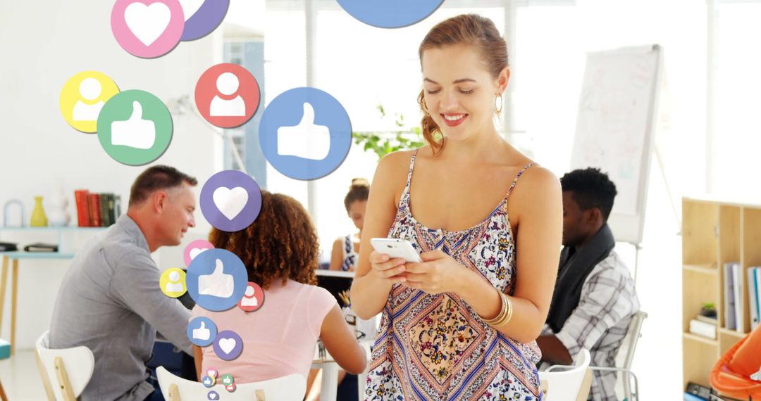 Smiling Woman Checking Phone as Social Media Icons Float