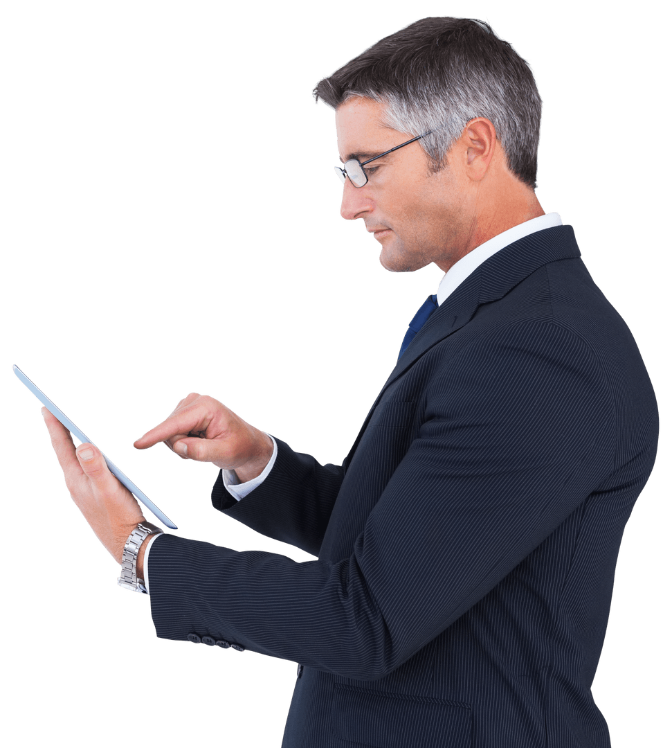 Mature Businessman Using Tablet On Transparent Background