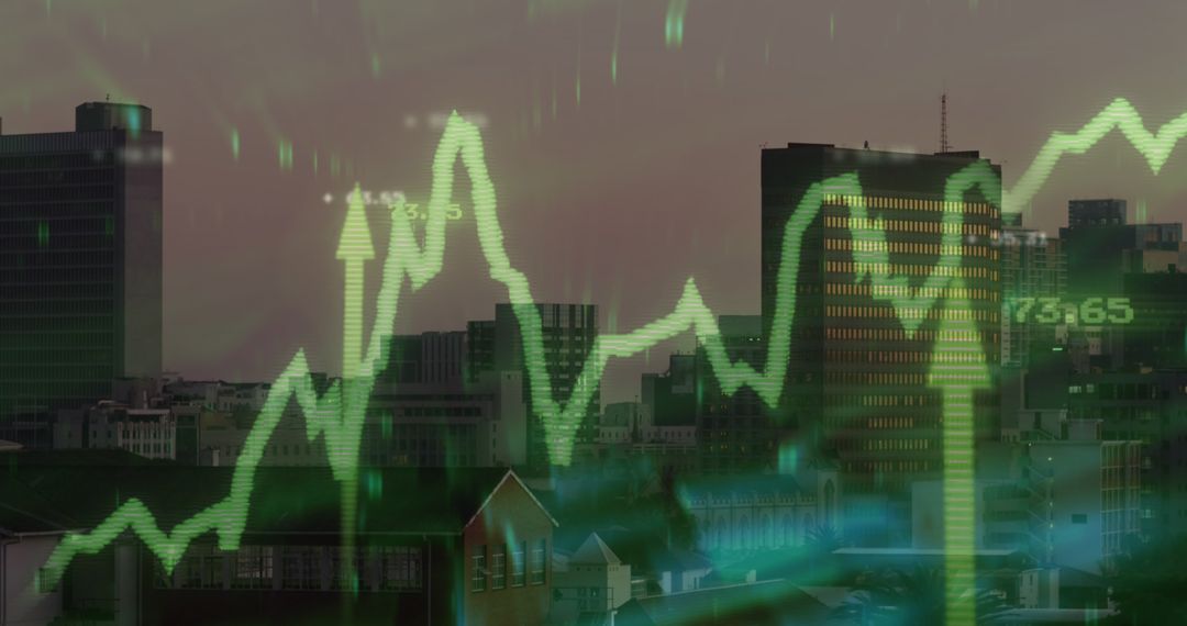 Digital Data Overlay on Urban Skyline Examining Global Business Trends