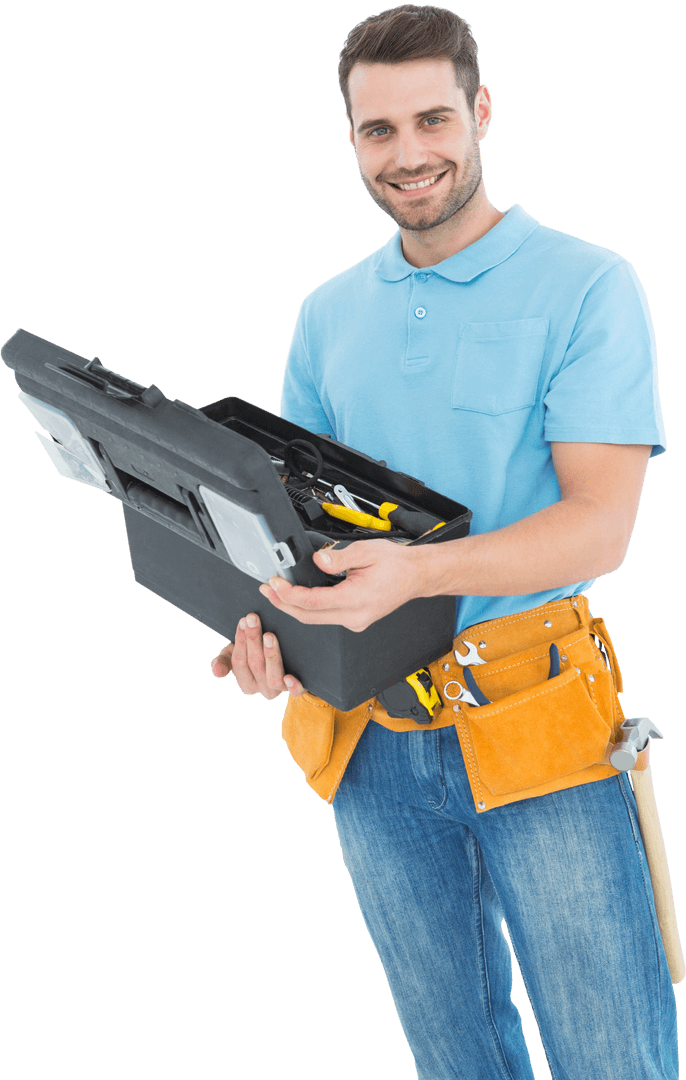 Smiling Construction Worker Holding Toolbox Over White Background