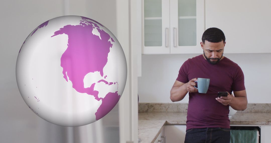 Man Drinking Coffee Using Smartphone with Digital Globe