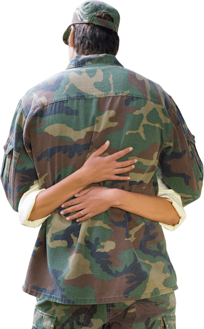 Caucasian Soldier Embracing Wife with Love on Transparent Background