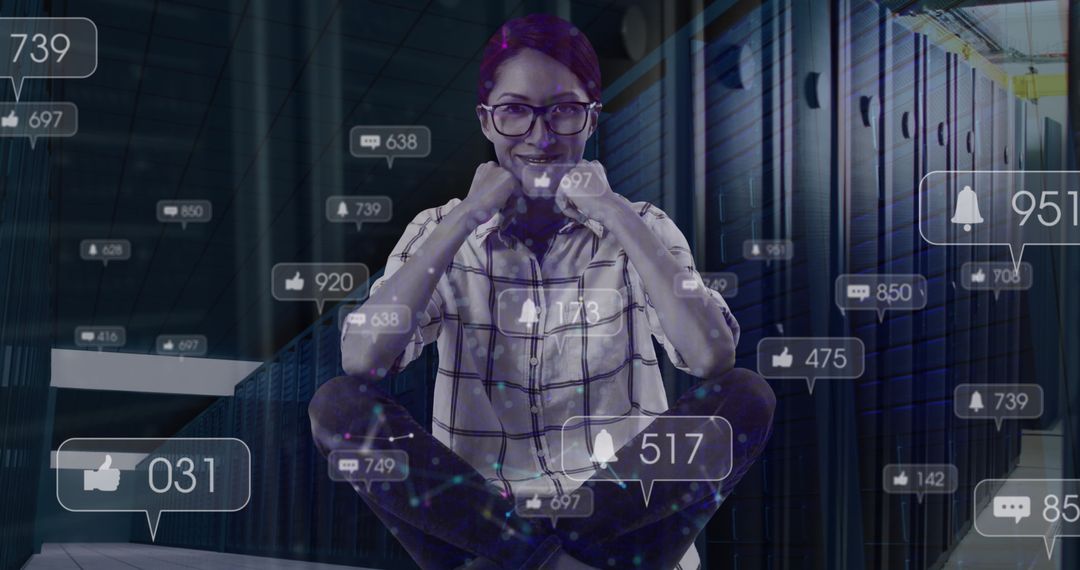 Woman Engaging in Social Media Networking in Server Room