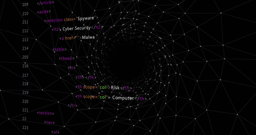 Neon Wireframe Tunnel Spiral with Code Overlay and Digital Mesh for Cybersecurity Concept