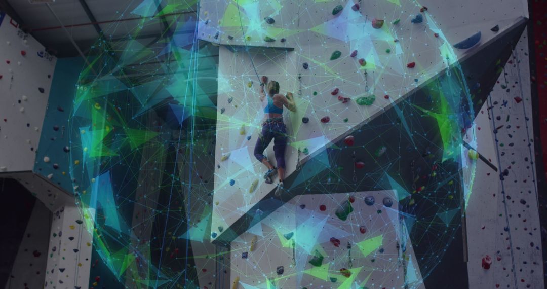 Digital Data Overlay with Woman Bouldering in Climbing Gym