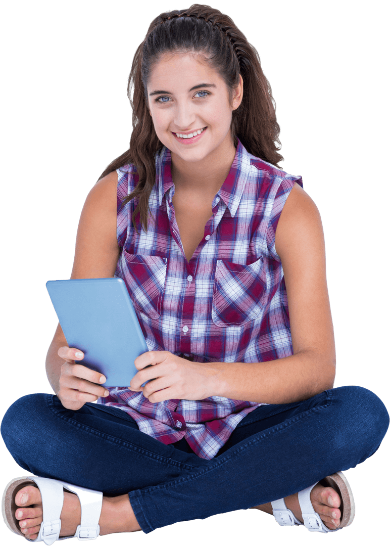 Transparent Young Woman Sitting with Tablet Smiling Brightly