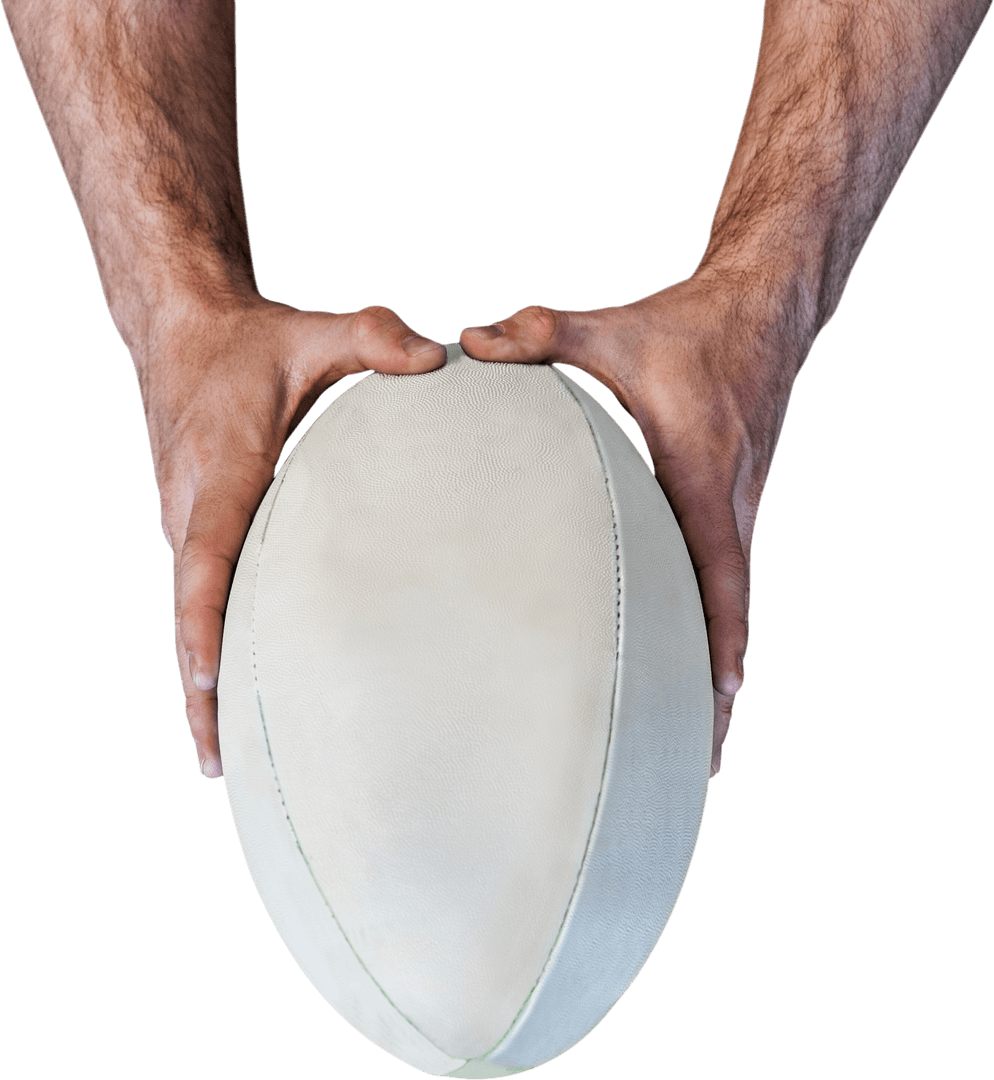 Transparent View Hands Holding Rugby Ball on White Background