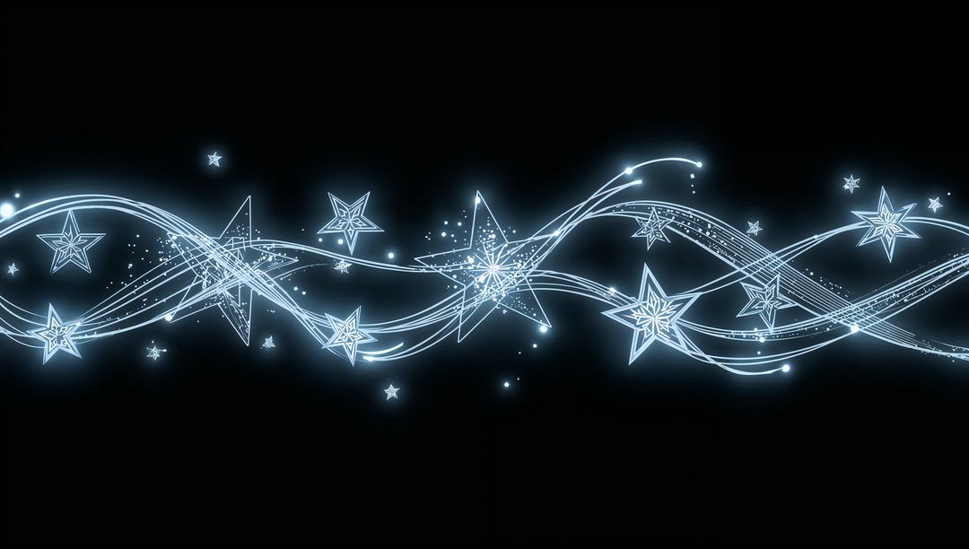 Glowing Star Ribbon Weaving Across Black Background with Neon Light Trails and Sparkles