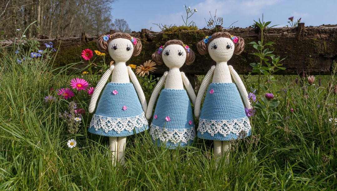 Handcrafted Crochet Dolls in Rustic Meadow with Wildflowers
