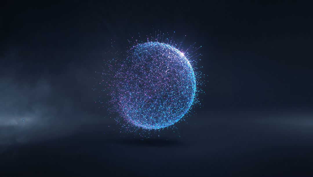 Hovering Digital Network Sphere Emitting Cyan and Violet Light for AI and Tech Concept