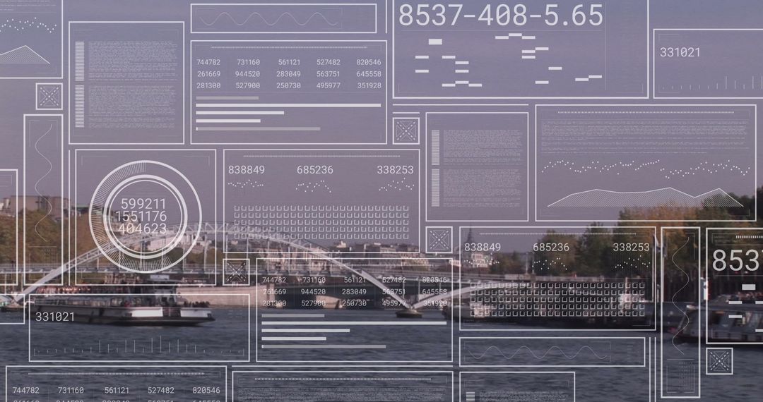 Futuristic Digital Interface Overlooking Urban Waterfront