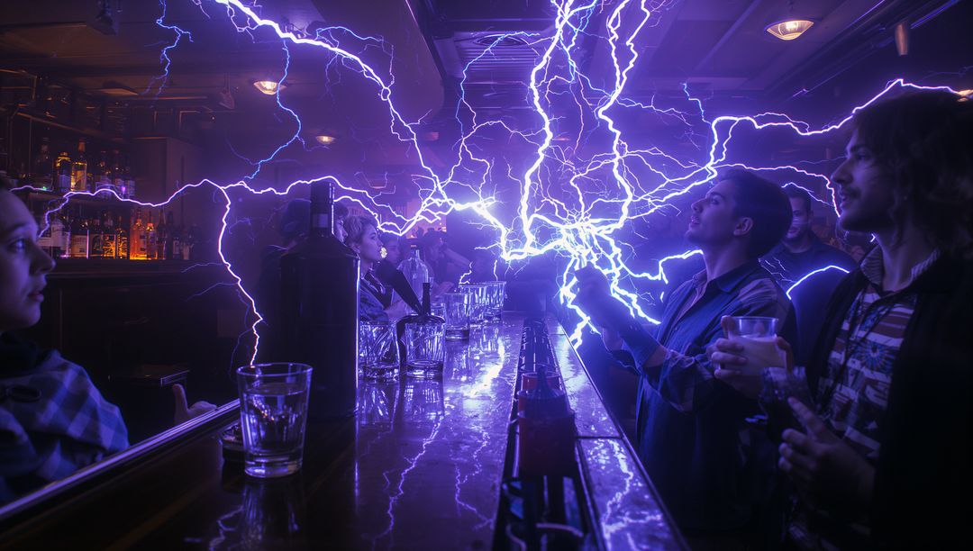 Electric Nightlife: Purple Lightning Arcs Electrifying Crowded Bar Counter, Neon Glow
