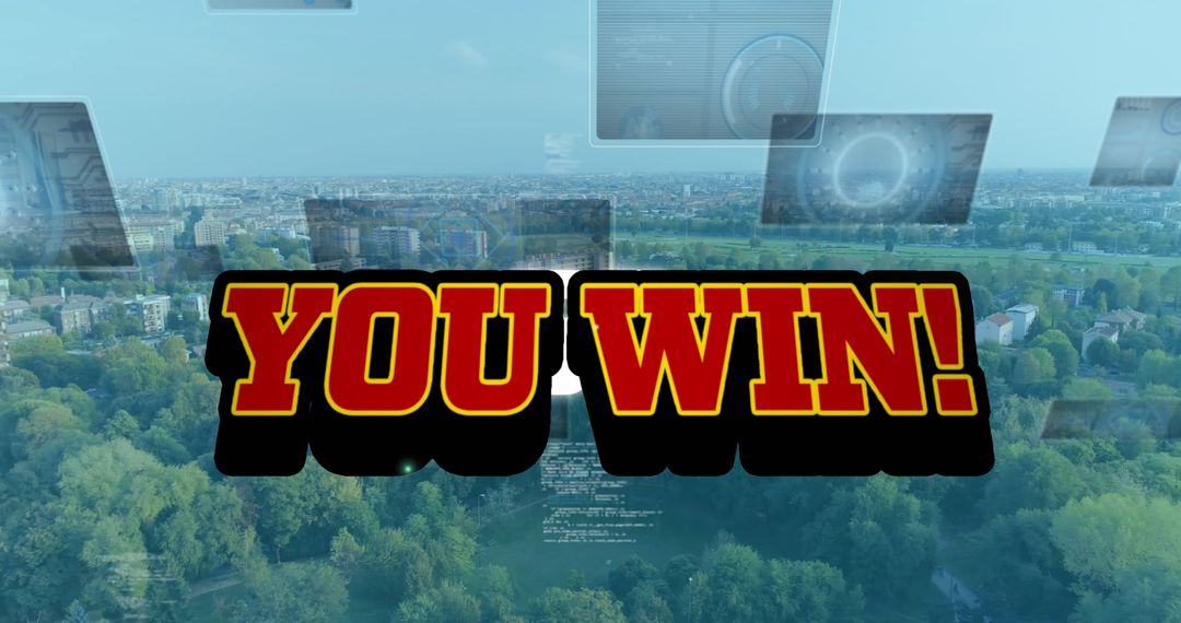 You Win Text Over Digital Cityscape with Data Graphics