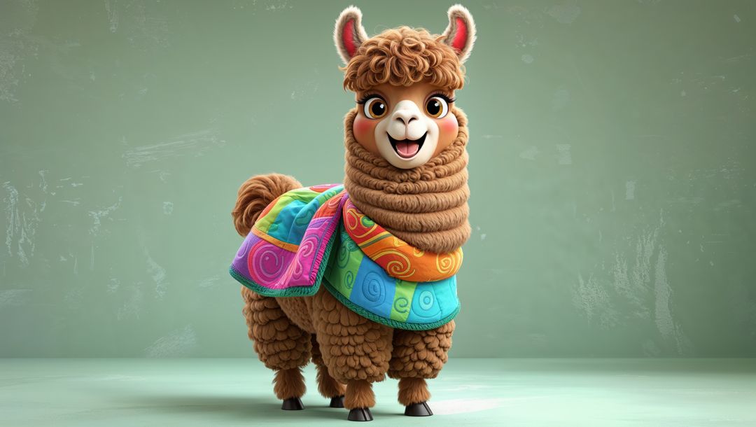 Stylized fluffy brown llama with rainbow blanket