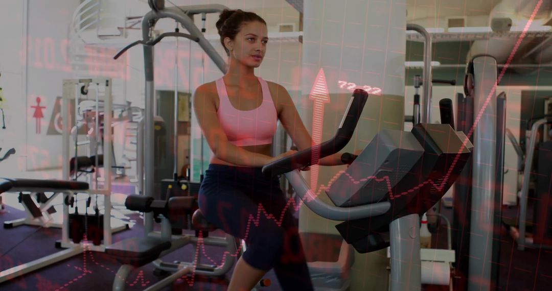 Woman Exercising on Elliptical with Financial Data Overlay