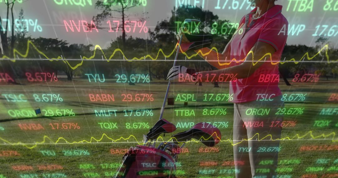 Golfer in Fairway with Stock Market Data Overlay
