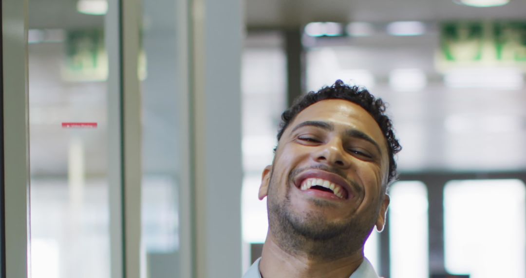 Happy Biracial Businessman with Social Media Network Graphics Overlay