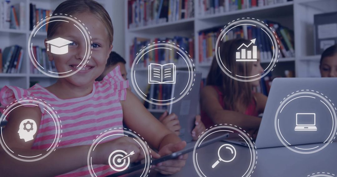 Elementary students learning with tablets and laptops in library, digital education icons