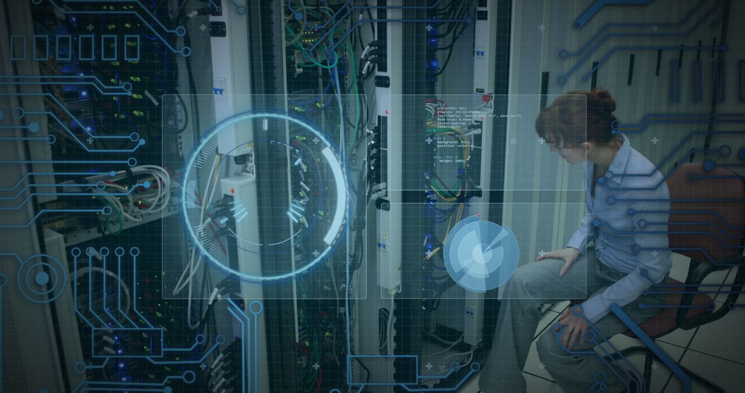 Woman Technician Analyzing Data Server with Digital Interface Overlay