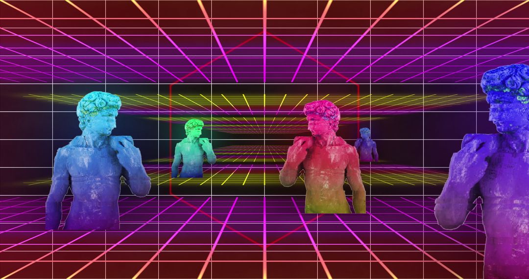 Colorful Statues in Neon Grid for Retro-Futuristic Effect