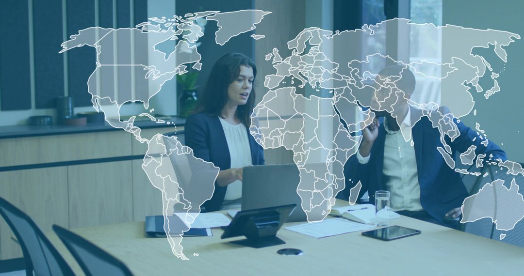 Business leaders discussing global strategy in boardroom with world map overlay
