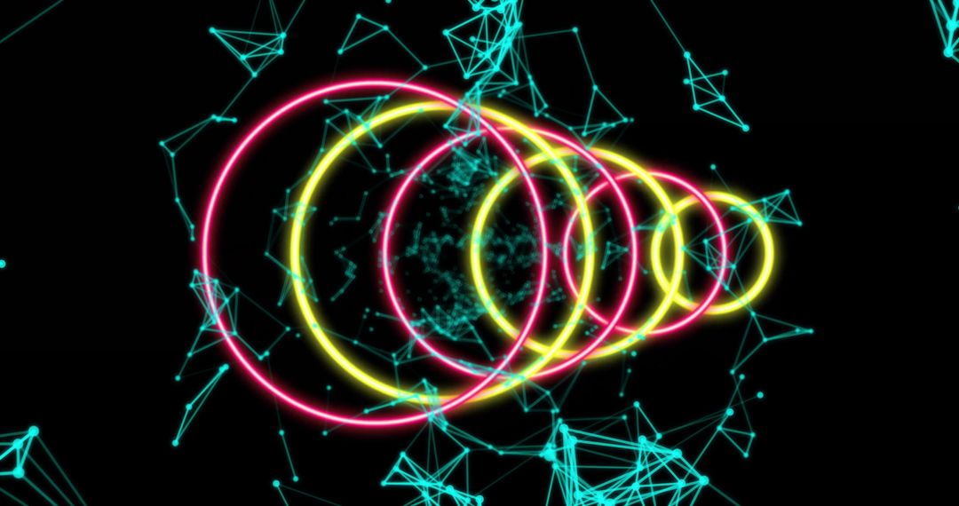 Neon Rings and Digital Network with Floating Turquoise Nodes